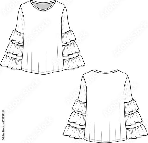 Fashion Layered Ruffle sleeve Crew neck  t-shirt top blouse flat sketch technical drawing design vector