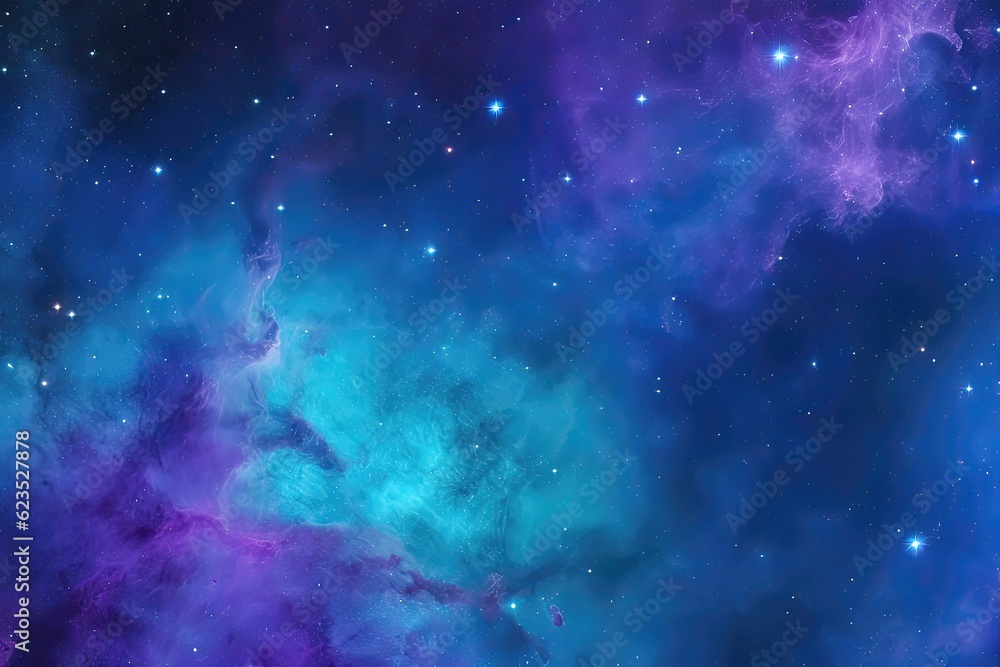 Galaxies and nebula throughout the cosmos. Blue starry abstract space background.