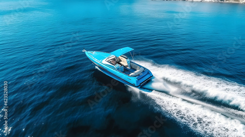 Aerial drone ultra wide top down photo with copy space of luxury rigid inflatable speed boat cruising in high speed in Aegean deep blue sea, Greece © Prasanth