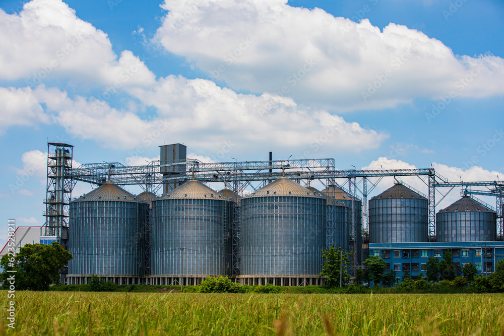 Plant for the drying and storage stainless silo grain. Rice plant in the middle of fields. Plant for the drying and storage stainless silo grain. Rice plant in the middle of fields.