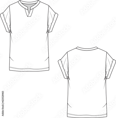 Fashion notch neck roll up sleeve top technical drawing flat sketch template vector