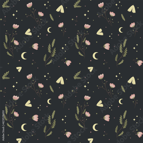 Seamless pattern with moths, moon and stars