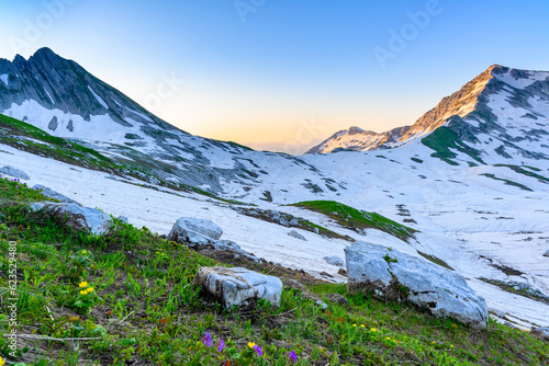 The snowdrifts and green grass on top of mountains in the tropical forest at sunrise.