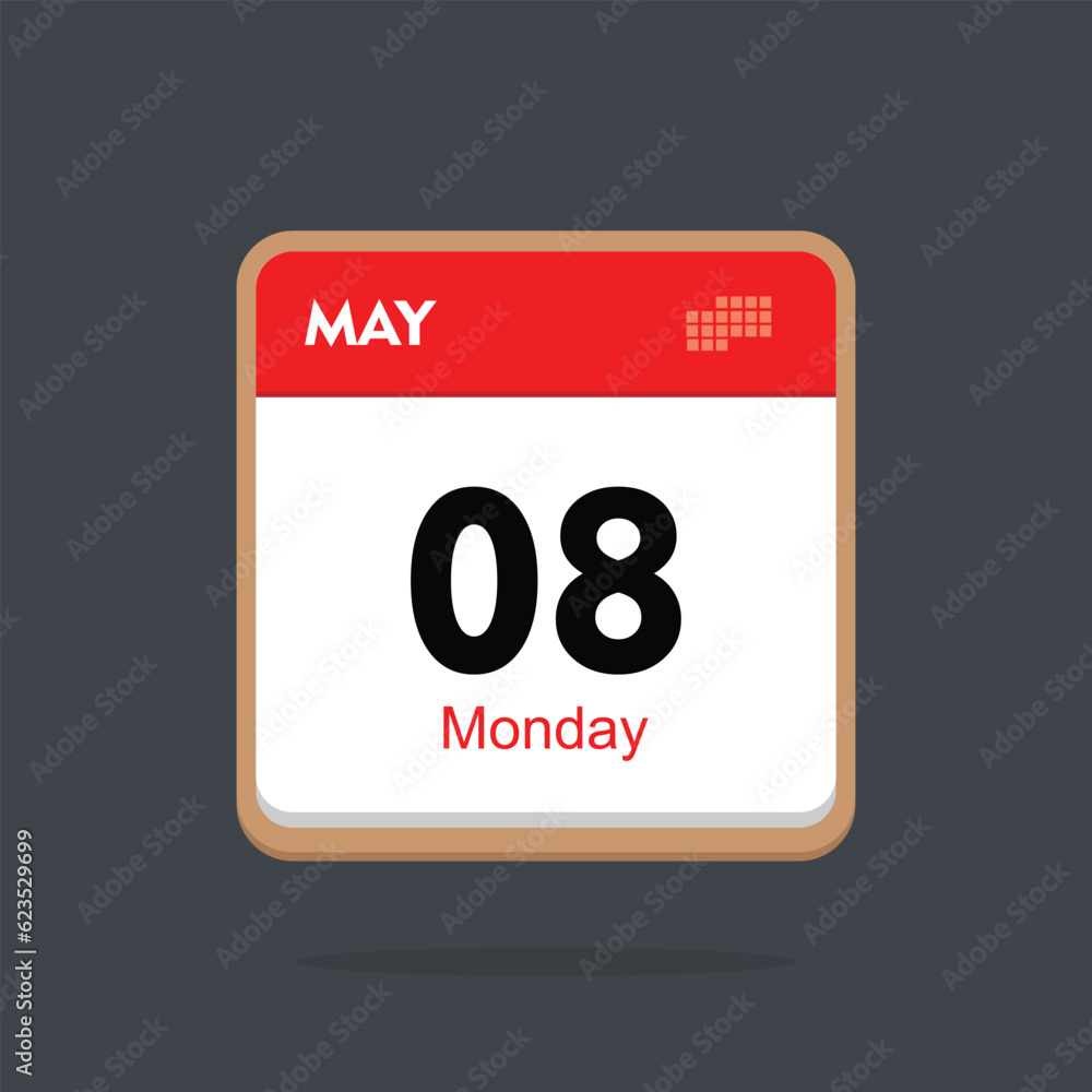 monday 08 may icon with black background, calender icon