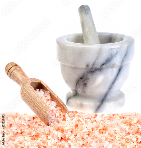 mortar and pestle with pink salt:
