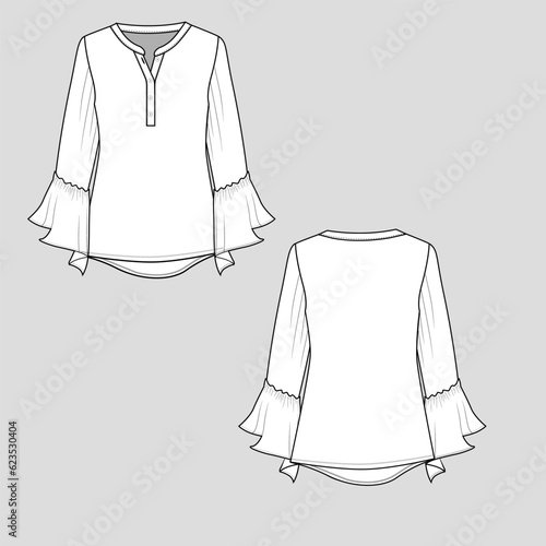 Fashion tops fancy ruffles bell sleeve Henley neck button placket dip hem t-shirt blouse flat sketch technical drawing vector design 