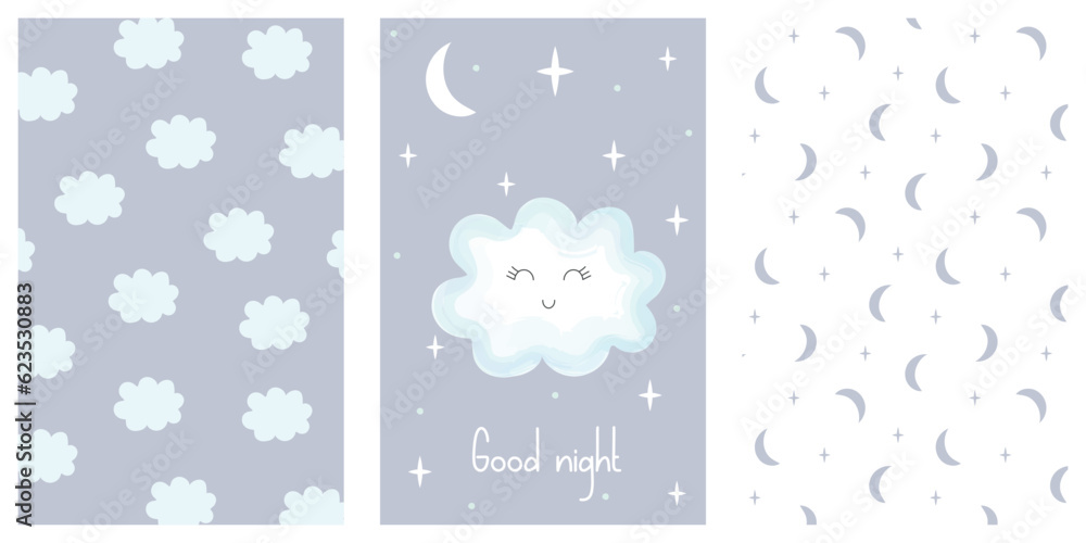 Good night cute sky seamless pattern set. Simple nursery art for baby. White and  blue cloud star and moon beauty lettering. Vector illustration.