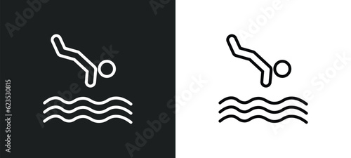 jumping to the water icon isolated in white and black colors. jumping to the water outline vector icon from activity and hobbies collection for web, mobile apps and ui.