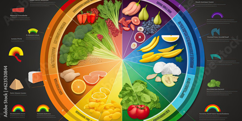 Vitamin food sources and functions rainbow wheel chart - Generative AI