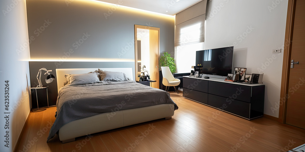 Fototapeta premium 3D rendering modern bedroom suite in hotel with tv - Generative AI