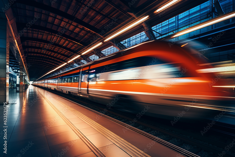 Generative AI an electric train going at high speed, photo created with long exposure time Generative AI an electric train going at high speed, photo created with long exposure time