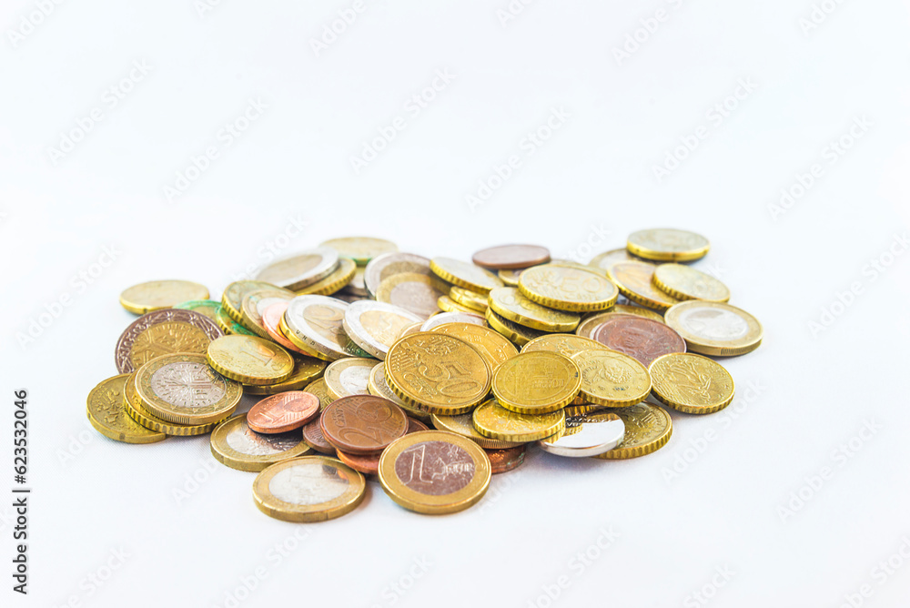 Heap of various of euros metallic coins on white background Heap of various of euros metallic coins on white background