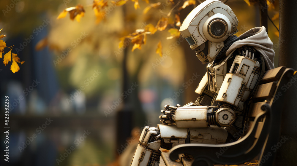 Fototapeta premium Lonely Robot sitting on bench in a park thinking about life