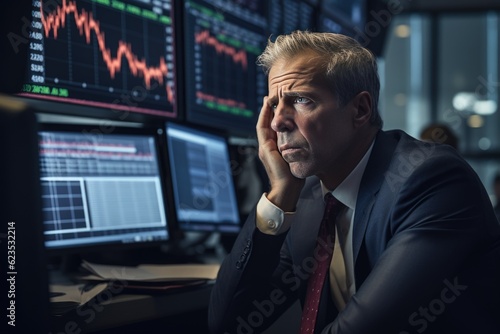 Stock market crash, man looks worried at financial graph charts, candlestick charts, created with Generative AI