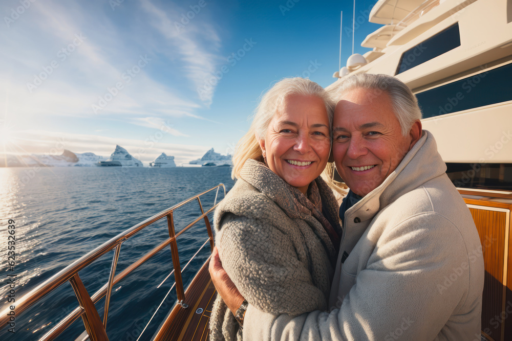 Fototapeta premium Digital portrait of happy laughing retired couple, enjoying the sunset on the luxury yacht in Antarctica. Concept of active age. Generative AI