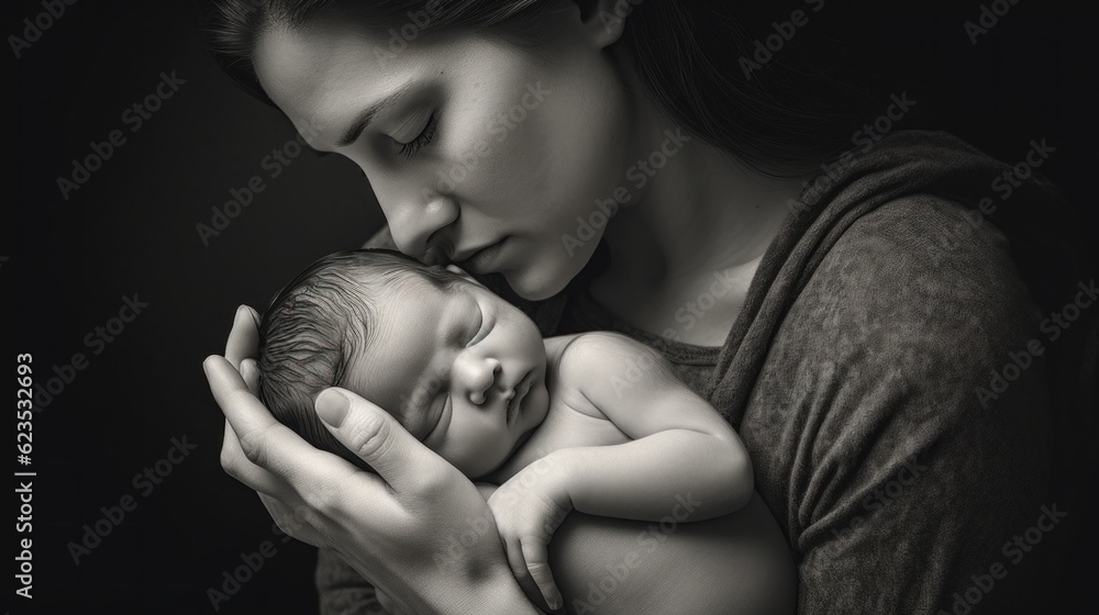 Newborn baby in mother hands. Generative AI 3