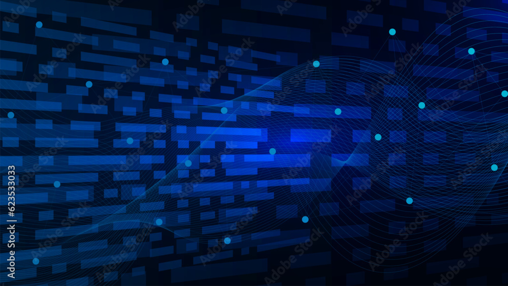 Connecting dots and lines with wave flow background. Big data visualization, global network connection, social networking and digital communication technology design concept.