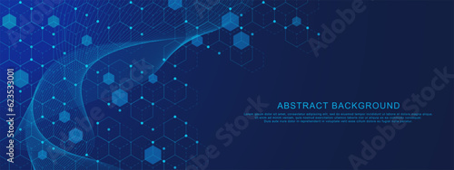 Abstract modern technology with hexagons pattern, particles and wave background for science and technology design concept.
