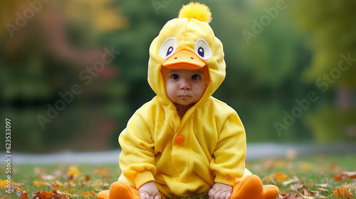 Baby with farm animal Halloween costume of a duck photo