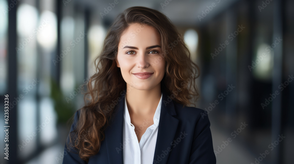 Naklejka premium Smiling elegant confident young professional business woman , female proud leader, smart businesswoman lawyer or company manager executive looking at camera standing in office