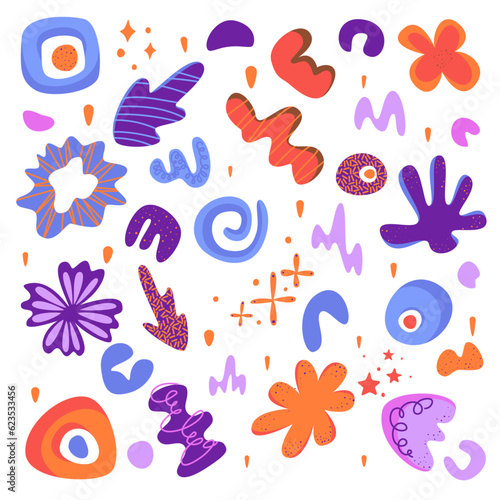 abstract pattern with doodle elements  set of hand drawn doodles  abstract flowers  in lilac  purple  orange colors  texture doodles