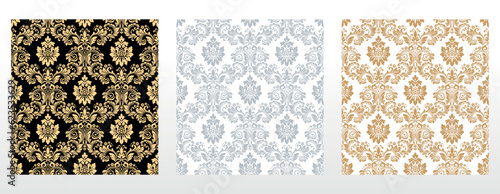 Wallpapers in the style of Baroque. Seamless vector backgrounds. Set of colored floral ornaments. Graphic patterns for fabric, wallpaper, packaging. Ornate Damask flower ornaments