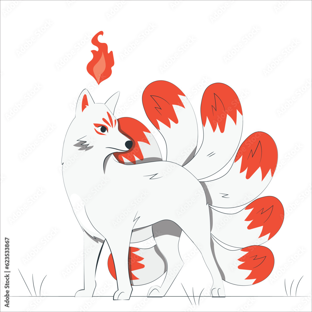 vector abstract illustration of Japanese fantasy creature nine tailed
