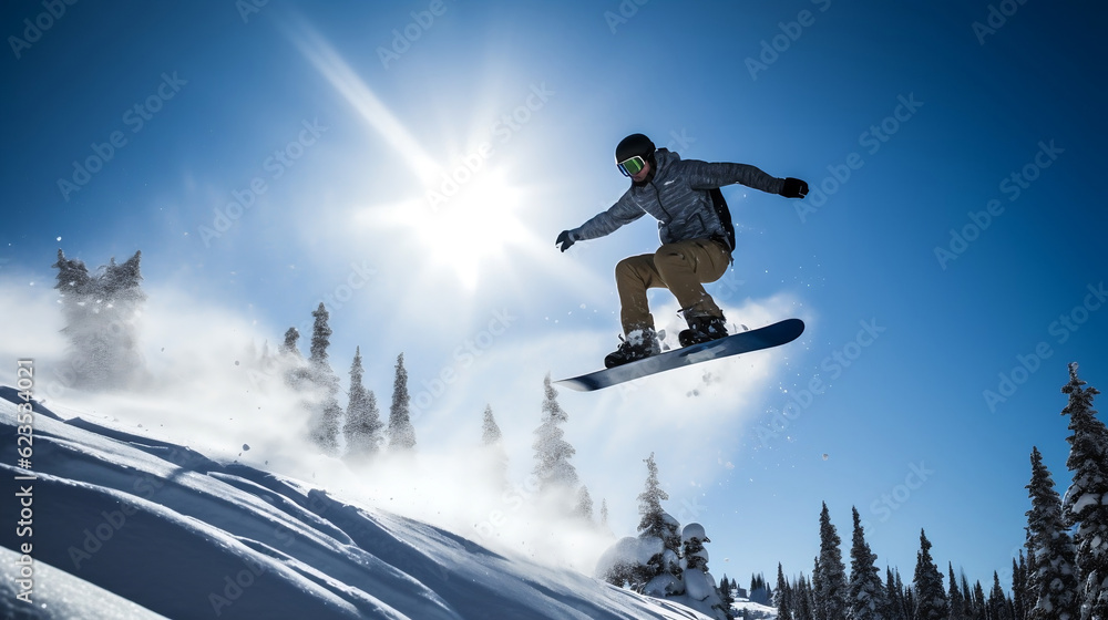 Snowboarder is jumping in the mountains. Generative AI Snowboarder is jumping in the mountains. Generative AI