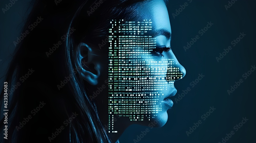 The concept of human-computer interaction - HCI. A person with binary code projected onto their face, the intimate interplay between humans and digital technology in digitized world. Generative AI - obrazy, fototapety, plakaty 