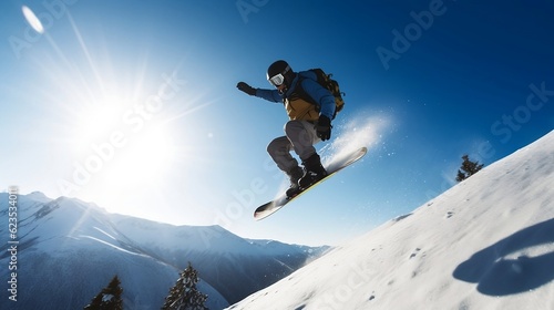 Snowboarder is jumping in the mountains. Generative AI