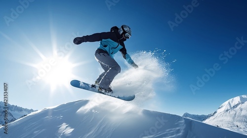 Snowboarder is jumping in the mountains. Generative AI