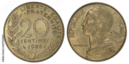 Back and front side of obsolete used coin. French coin of 10 centimes year 1985 from the portrait of Marianne, Aluminum-Bronze. on white background. photo