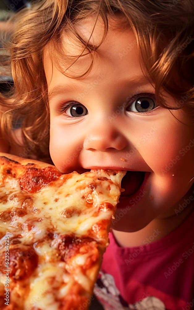 Cute and smiling little girl eats a tasty slice of pizza Cute and smiling little girl eats a tasty slice of pizza