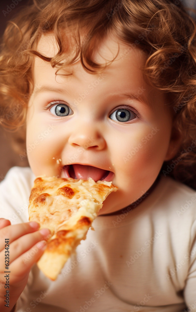 Cute and smiling little girl eats a tasty slice of pizza Cute and smiling little girl eats a tasty slice of pizza