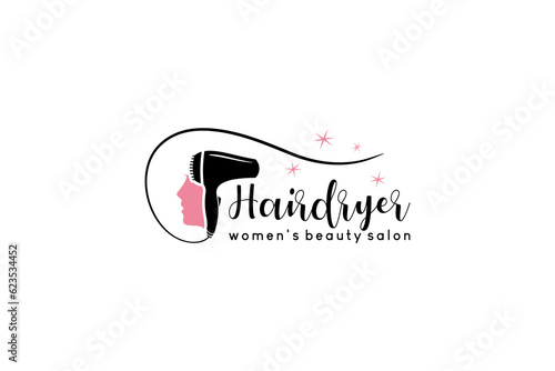 Modern beauty woman hair dryer logo design, woman hair dryer salon logo template