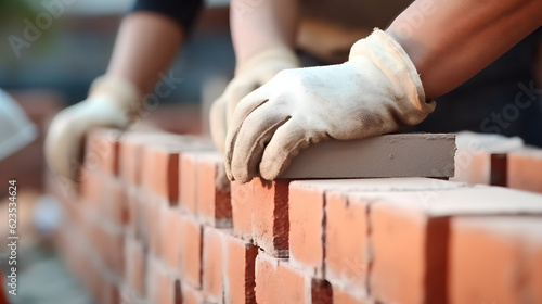 Obraz na plátně Closeup hands of bricklayer laying brick wall of house