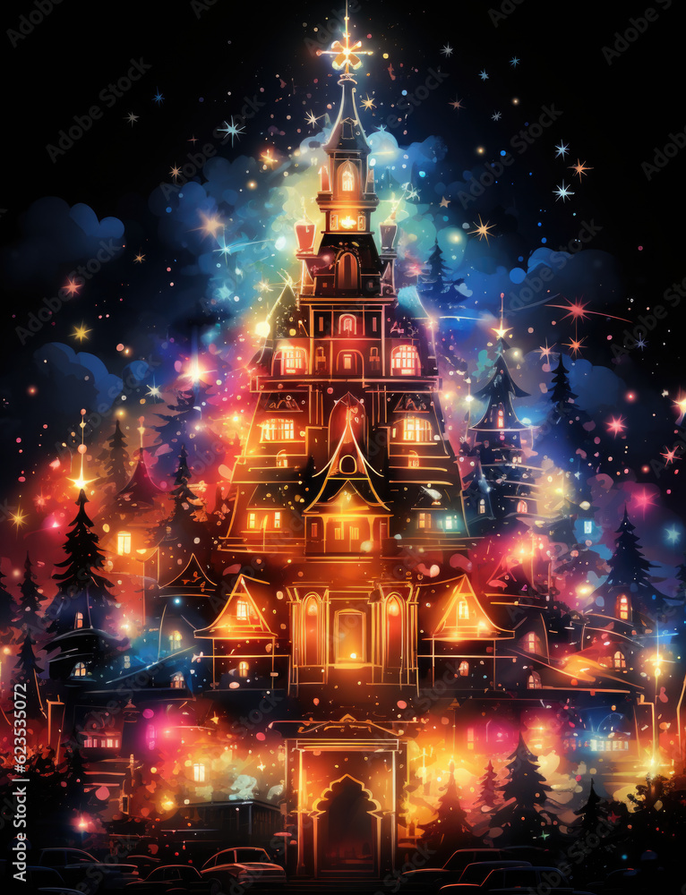 Obraz premium A christmas tree is lit up in the dark. Generative AI.