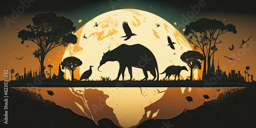 Wildlife Silhouette on Earth Wildlife Conservation Concept - Generative AI