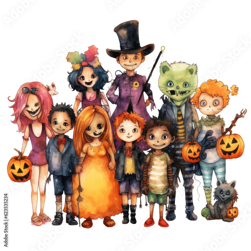 Halloween Costume Party Boy Girl Monster Ghost Pumpkin Sublimation Clipart in Watercolor Festive Disguises 