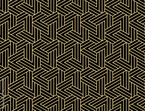 Abstract geometric pattern with stripes, lines. Seamless vector background. Gold and black ornament. Simple lattice graphic design