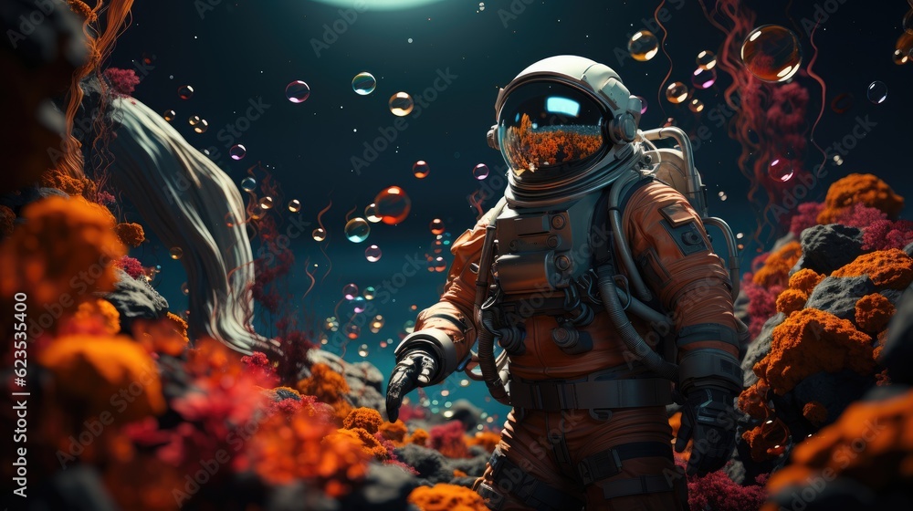 astronaut in in a colorful bubbles galaxy on a different planet astronaut in in a colorful bubbles galaxy on a different planet