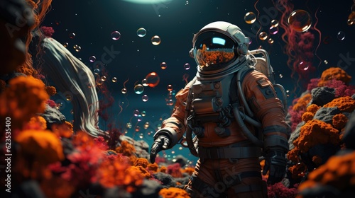 astronaut in in a colorful bubbles galaxy on a different planet