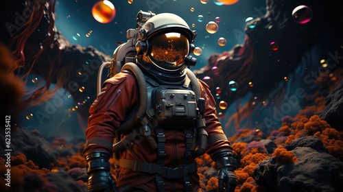 astronaut in in a colorful bubbles galaxy on a different planet © FryArt