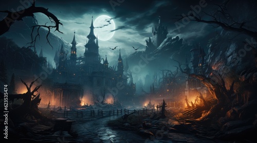 Graveyard cemetery to castle In Spooky scary dark Night full moon and bats on dead tree