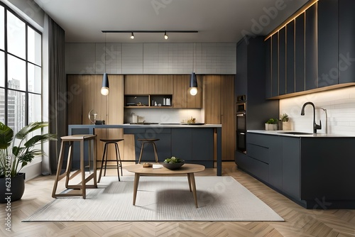 Light luxury studio apartment with a premium contemporary kitchen loft style in dark colors