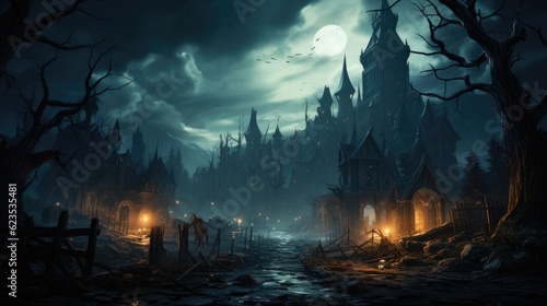 Graveyard cemetery to castle In Spooky scary dark Night full moon and bats on dead tree © FryArt