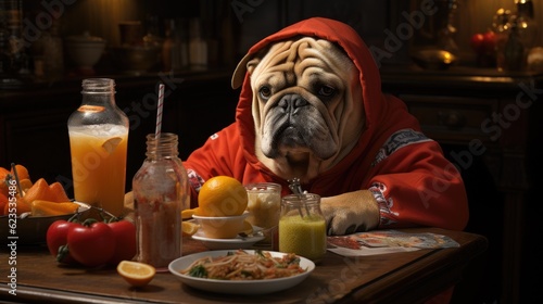 image of a bulldog eating food in a sweatsuit © FryArt Studio