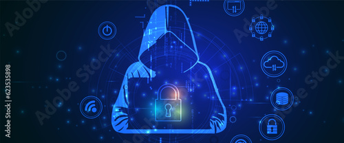 the hooded hacker from behind standing among working servers. Security technology