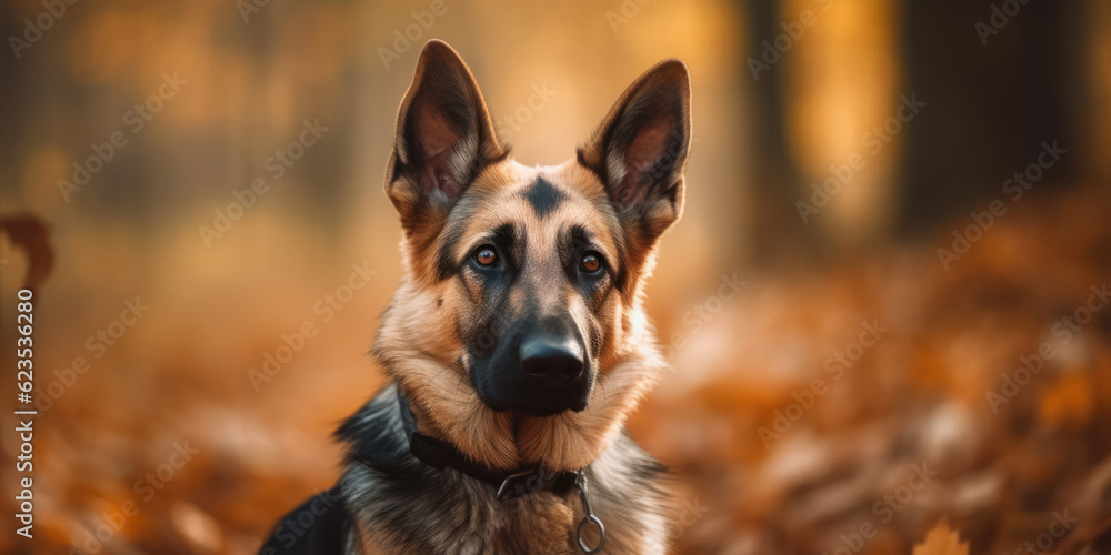 German Shepherd Dog on a autumn background, copy space. Sheepdog portrait outdoor. Generative ai German Shepherd Dog on a autumn background, copy space. Sheepdog portrait outdoor. Generative ai