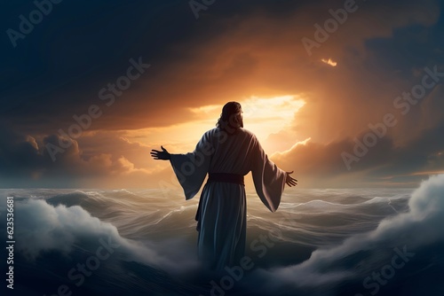 Photographie Jesus Christ walking on water during storm at sunset